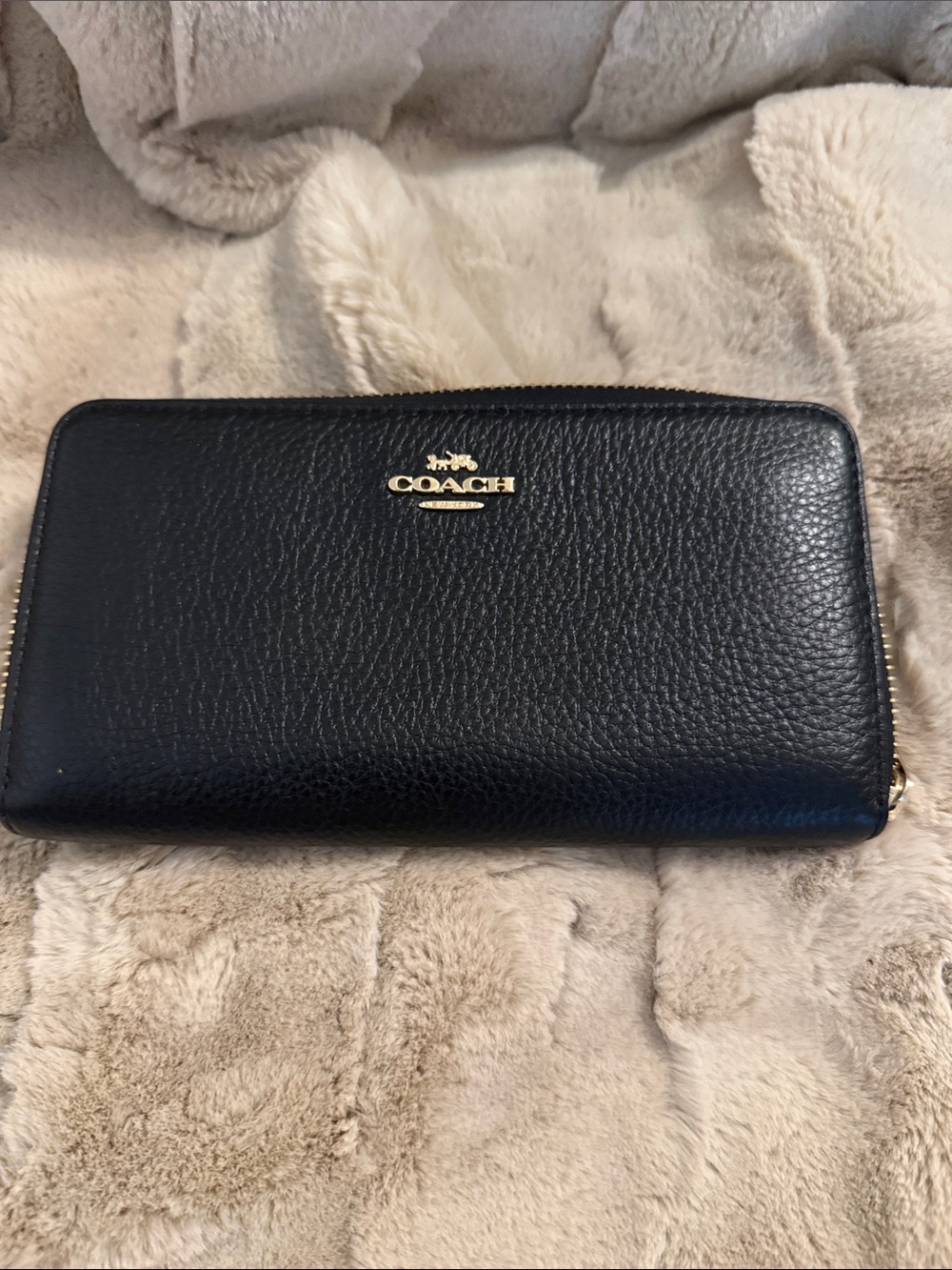 Coach Black Pebbled Leather Zip Wallet with Gold Logo
